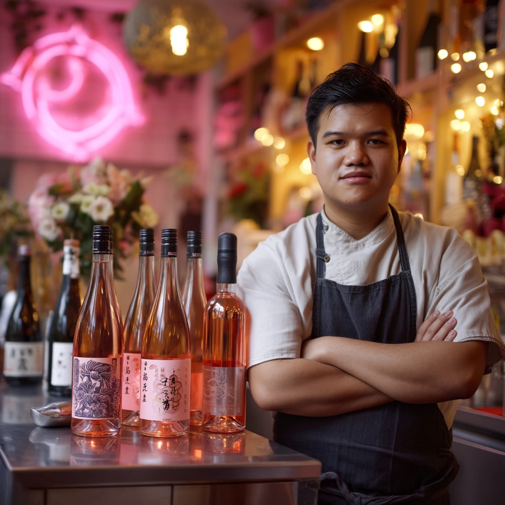 Chef Kevin Kongklom at the bar in LullaBar's neon-lit atmosphere