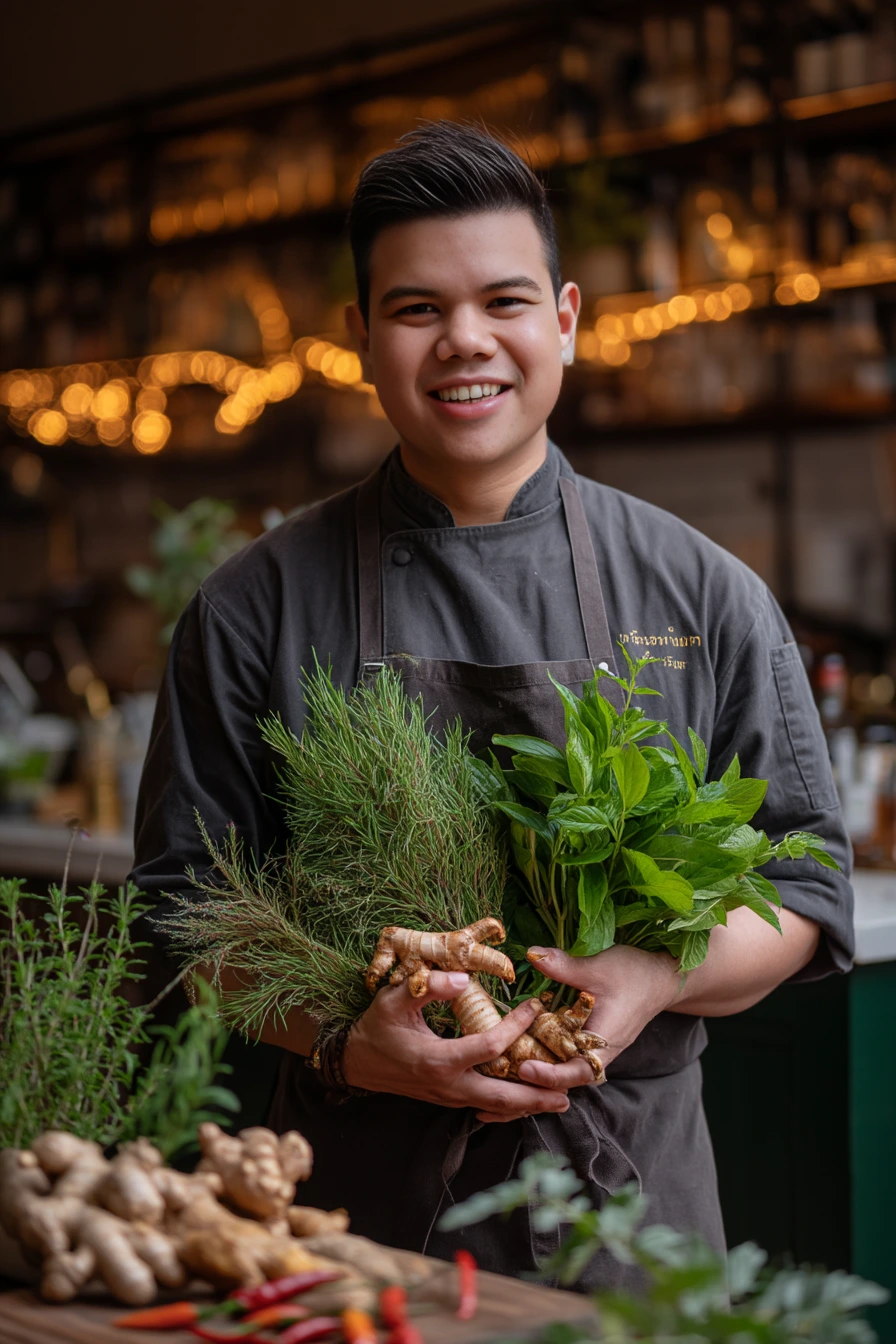 Chef Kevin Kongklom holding fresh Thai herbs and galangal